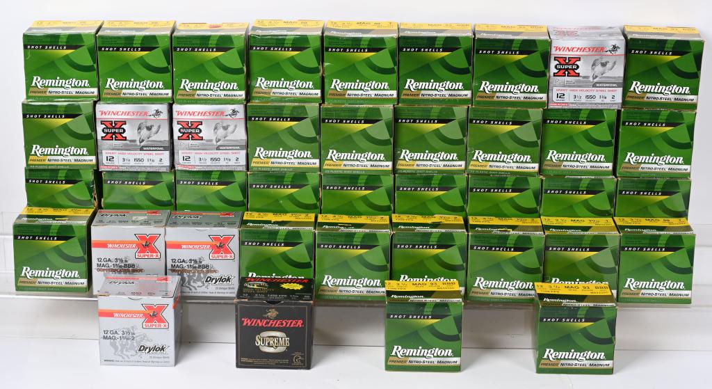 HUGE LOT OF 12 GAUGE STEEL SHOT AMMUNITION: Includes: 400 Remington Nitro Steel 3-1/2" 80 Pellet T Shot 150 Remington Nitro Steel 3-1/2" 2 Shot 50 Winchester Super-X 3-1/2" 94 Pellet BBB Shot 150 Remington Nitro Steel 3-1/2" 1 Shot 75 Wincheste