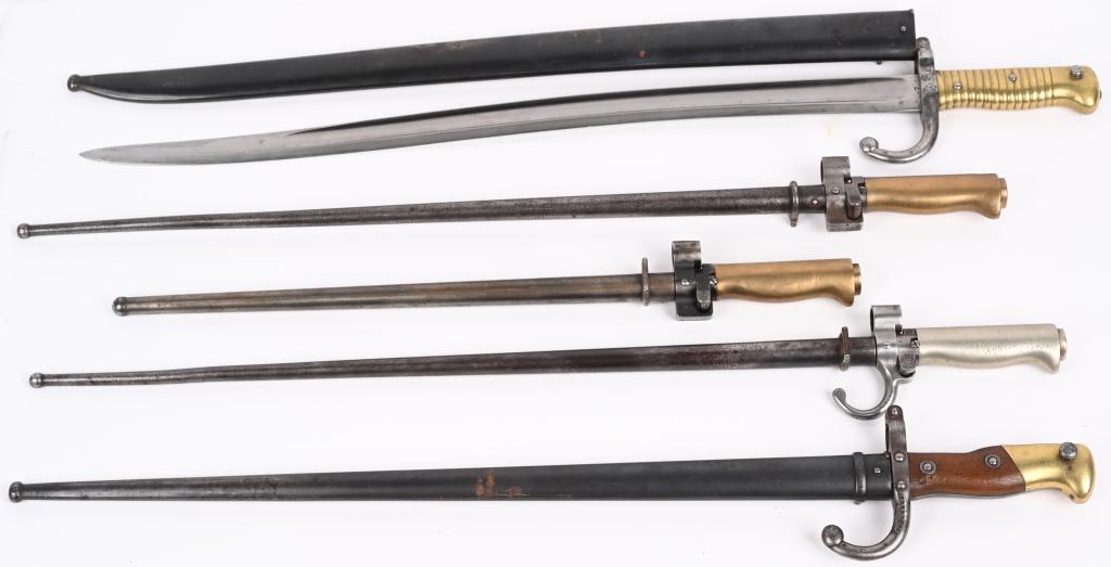 FRENCH BAYONET LOT OF 5 GRAS CHASSEPOT LEBEL: French Edged Weapon lot to include 1) FRENCH MODEL 1866 CHASSEPOT BAYONET & SCABBARD WITH FROG. French bayonet for the Model 1866 Chassepot rifle. 22.5" blade, 28" overall near MI