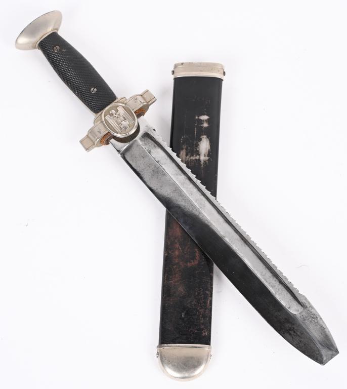 WWII NAZI GERMAN RED CROSS HEWER DAGGER WW2: The hewer features a roughly, 10 1/2", (26.6 cm), long, broad, squared, blunt tipped, nickel/silver plated, drop forged, steel construction blade with deep, wide, fullers, a staggered, saw-toothed, ed