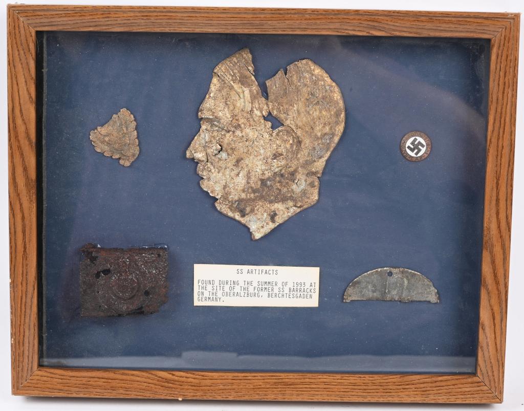 WWII NAZI GERMAN SS DUG ITEMS FROM BERCHTESGADEN: Dug artifacts from the Obersalzberg Berchtesgaden Germany in 1993. The items included are SS Enlisted Belt Buckle, SS Half of a Dog Tag marked 1./SS-T.J.E. BTL I, NSDAP Party Pin, Side Profile bu