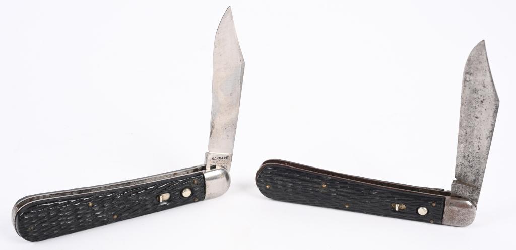 SCHRADE SWITCHBLADE AUTOMATIC KNIFE LOT: Vintage Geo Schrade switchblade automatic folding knife lot of two. Knives are in very good condition with blade and wear from use and age. Actions work well. When closed both measures approximately 5