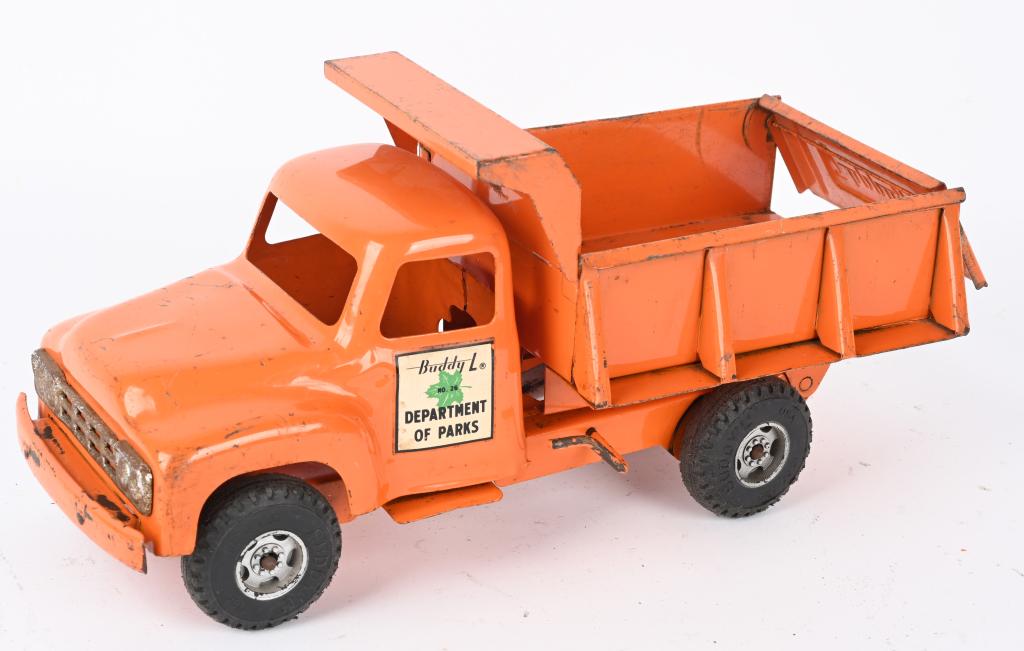 BUDDY L DEPARTMENT OF PARKS DUMP TRUCK: All original with decent paint and decals. 13" very Good-Excellent