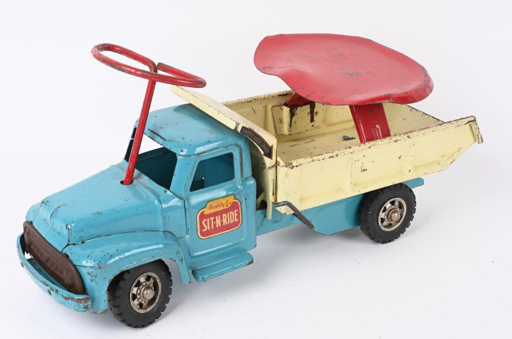 BUDDY L SIT-N-RIDE DUMP TRUCK: All original complete with seat and handle. Has decent paint and decals. 20" Very Good