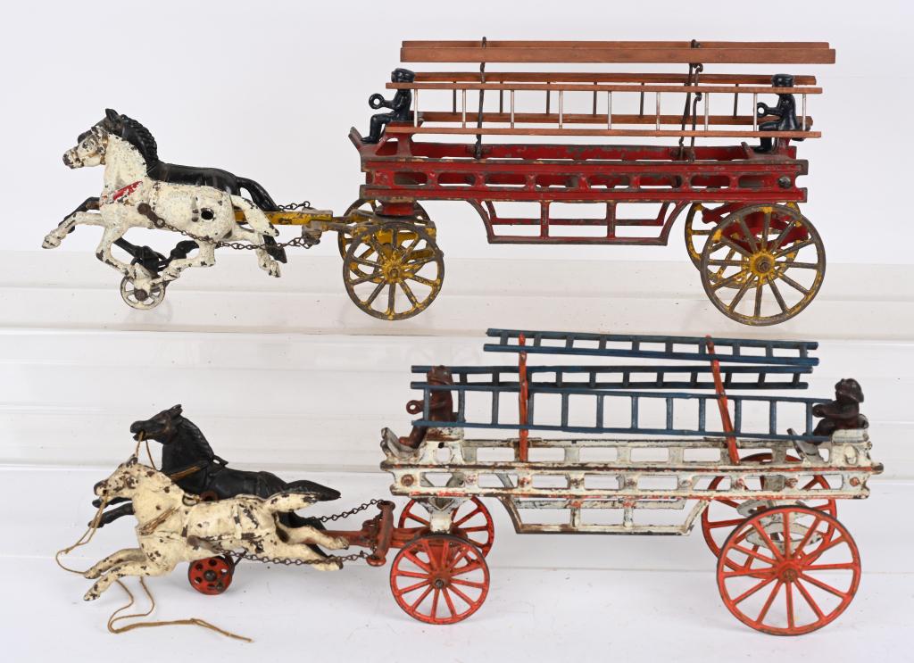 2- CAST IRON HORSE DRAWN FIRE LADDER WAGONS (1 of 7)