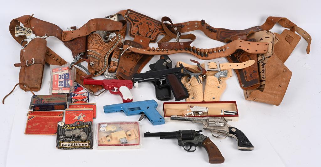 VINTAGE CAP GUNS & HOLSTERS: Includes Leather Holsters, Dyno-Mite Gun, Ric-O-Shay, Spitfire, and More. AS-IS