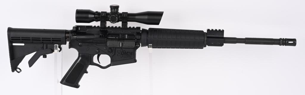 ATI OMNI HYBRID POLYMER AR-15 WITH SCOPE: SERIAL NUMBER: NS241149. BARREL: 16". CALIBER: 5.56 NATO. MANUFACTURED: 2010'S. M4 profile barrel with "1/8" twist rate. Low profile gas block. Black polymer upper and lower. M4 butt stock and polymer