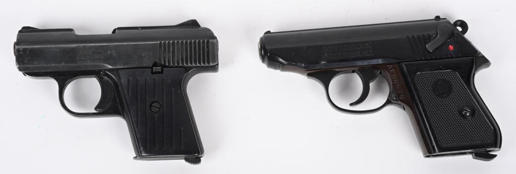 LOT (2) SEMI AUTO POCKET PISTOLS: A. IVER JOHNSON. SERIAL AE00676. BARREL 2 3/4". CALIBER 22 RF. Blue finish with black plastic grips. No magazine. 95% blue with handling. Bright bore. B. RAVEN. SERIAL 1880788. BARREL 2 1/4". CALIBER 