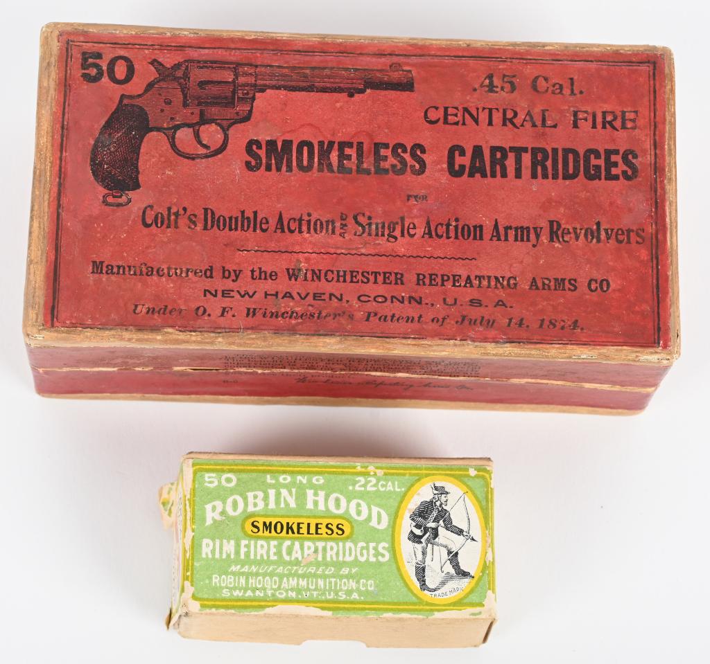 TWO DESIRABLE EMPTY AMMO COLT 1878-ROBIN HOOD 22: The two piece 45 Colt box has red labels with picture of an 1878 Colt 7 1/2 double action revolver. Made by Winchester. Excellent. The Robin Hood 2-pc box held 50 smokeless 22 longs. Green and yellow 