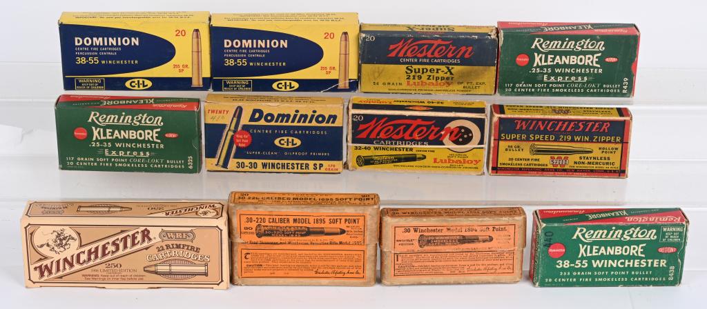 LOT (11) BOXES OF AMMO FOR 1894 WINCHESTER: (2) Dominion 38-55, (2) Rem 25-25. (1) Dominion 30-30. (1) Western 32-40. (1) Rem 38-55. (2) Western .219 Zipper , one has 14 rounds. (Model 64) (1) 2-pc Win. .30-220 (30-40) for Model 1895. (1) 2-pc 