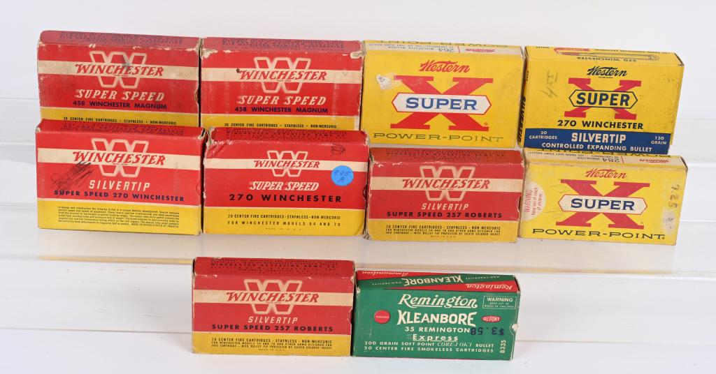 10 BOXES WINCHESTER MODEL 70 AMMO: (1) Win 264. (1) Win. 284. (2) Western .458. (2) Western .257 Roberts. (2) Win .270. (1) Western .270 (1) Rem .35 Rem.