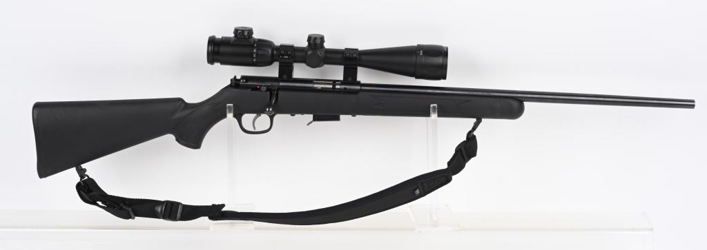 SAVAGE MODEL 93R17 17HMR BOLT ACTION RIFLE W/SCOPE: SERIAL NUMBER 0533731 BARREL 20" CALIBER 17 HMR MANUFACTURED 2000'S. Bolt action blue finished rifle with detachable box feed magazine with synthetic stock. Fitted with Illuminated reticle Center Poin