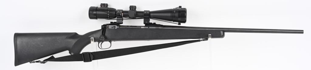 SAVAGE MODEL 110 CAL, 243 INCHESTER WITH SCOPE: SERIAL NUMBER F576745 BARREL 22" CALIBER .243 WINCHESTER MANUFACTURED 2000'S. Produced with blue finish and internal 5 round magazine. Synthetic stock with carry sling. Mounted with Center Point 4-16 