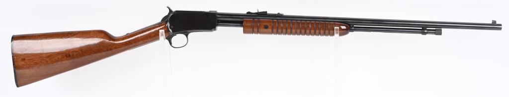 ROSSI MODEL 62A .22 S-L-LR PUMP RIFLE: SERIAL NUMBER G266896 BARREL 23" CALIBER 22 SHORT-LONG-LONG RIFLE, MANUFACTURED 1970'S. Manufactured by Rossi in Brazil for Interarms in Alexandria Virginia. Blue finished pump 22 rifle with varnished