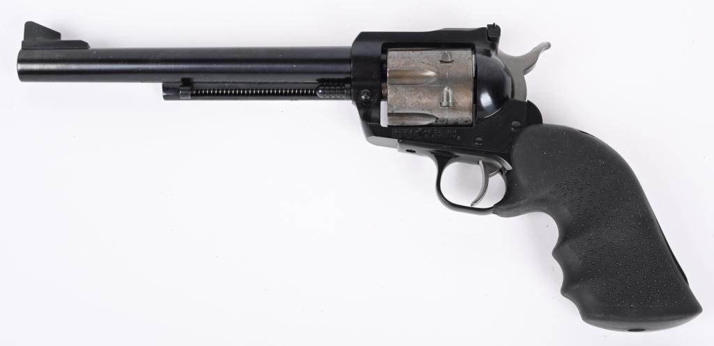 RUGER NEW MODEL BLACKHAWK .45 COLT REVOLVER: SERIAL 48-48070. BARREL 7.5". CALIBER 45 COLT. Previous owner painted front sight white, stripped the finish from cylinder. Cylinder is polished into the white some minor abrasion as does the ejector 