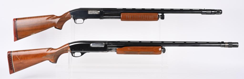 LOT OF 2: REMINGTON AND JC HIGGINS PUMP SHOTGUNS: A. SERIAL NUMBER: S141406V. BARREL: 24". CALIBER: 12 GAUGE. MANUFACTURED: 1969. Remington 870 Wingmaster pump action shotgun. Vent rib barrel with bead front sight. Original blued finish. Oiled wood s