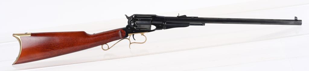 UBERTI 1858 REMINGTON REVOLVING CARBINE: SERIAL NUMBER: 140045. BARREL: 18". CALIBER: .44 CAL BLACKPOWDER PERCUSSION. MANUFACTURED: 1998. Made in Italy. Full octagon barrel. Blade front sight and u-notch leaf rear. Blued finish. Brass butt p