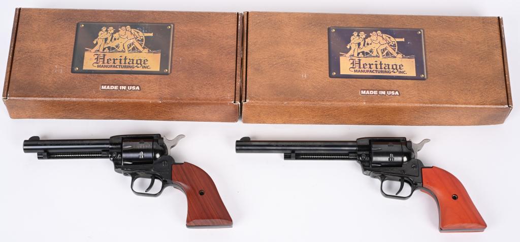 LOT OF 2: HERITAGE ROUGH RIDER REVOLVERS: A. SERIAL NUMBER: 3HR029671. BARREL: 4-3/4". CALIBER: .22LR. MANUFACTURED: 2020S. Heritage Rough rider single action revolver. Six shot fluted cylinder. Standard sights Black enamel/blued finish and r