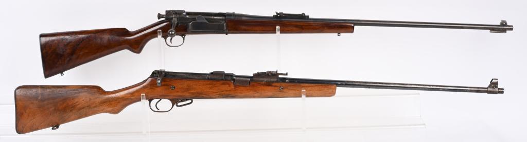 LOT (2) CUT DOWN MILITARY RIFLES: A. ROSS RIFLE. SERIAL NSN. CALIBER 303. Barrel & stock cut, original rear sight, areas of rust. Good parts gun. B. NORWEIGEN KRAG RIFLE. SERIAL 39261. CALIBER 6.5. Stock cut, original sights, sight ra