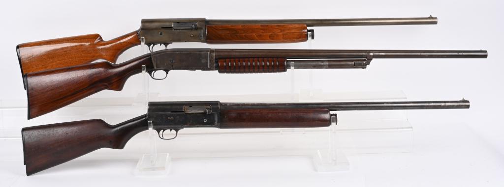 LOT (3) PRE WAR REMINGTON SHOTGUNS: A. MODEL 10. SERIAL 272684. BARREL 30". GAUGE 12 CHOKE FULL Solid rib, take down, walnut stocks, Remington plate. No finish, scattered rust, added varnish, not working. B. MODEL 11. SERIAL 22701. BARR