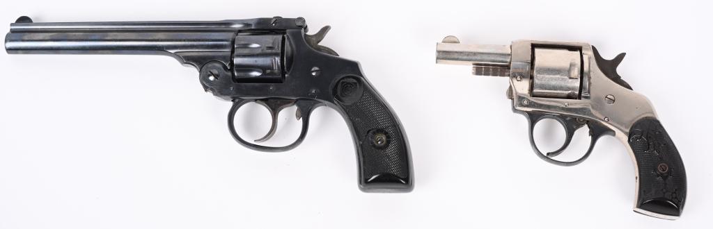 LOT (2) PRE WAR REVOLVERS - H&R: A. H&R TOP BREAK. SERIAL NSN. BARREL 5". CALIBER .22RF. Scarce long barrel, blue finish, 22 caliber top break. 7-shot, black grips replaced. Retains most of what appears to be a factory re blue. Fine 