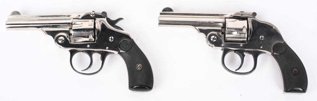 LOT (2) TOP BREAK REVOLVERS: A. H&R. SERIAL 250002. BARREL 3". CALIBER 32CF. Nickel finish, five shot, hammerless, gutta percha grips. Has a few handling marks, has been fired but 98% finish and nice bore. B. US ARMS. SERIAL 6226