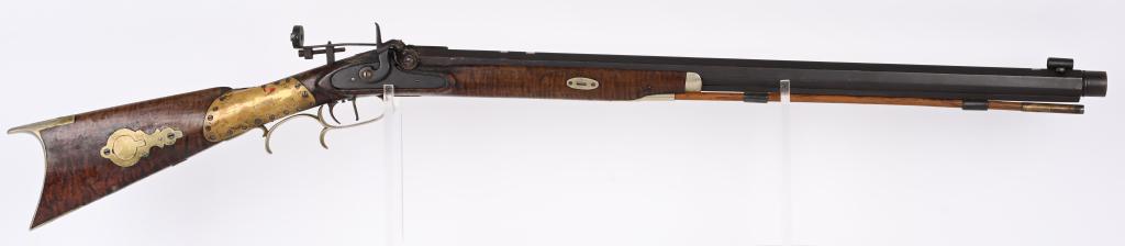 HAWKEN INFLUENCED N.Y. 1/2 STOCK TARGET RIFLE: SERIAL NUMBER N/A BARREL 28" CALIBER 50 MANUFACTURED CIRCA 1850, German silver mounted walnut half stock rifle with heavy octagon barrel and double set triggers/ Globe target front sight with extended