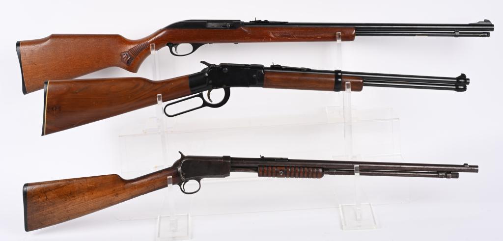 SPORTSMANS 22 RIFLE COLLECTOR 3 GUN LOT: SERIAL NUMBERS , 21560652 / NA / 543751 , 22 CAL RIM FIRE MANUFACTURED IN US. Marlin Glenfield model 60 tube fed semi auto rifle. (2) Ithaca Model 49 22 Single shot lever action rifle, (3) Winchester
