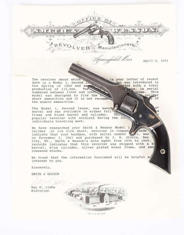 FINE SMITH & WESSON MODEL 1, 2ND ISSUE REVOLVER: SERIAL 37963. BARREL 3". CALIBER 22 RF SHORT. Factory letter states shipped on November 2, 1863 and letters with a silver plated brass frame, blue barrel & cylinder with rosewood grips to J.W.Stores,