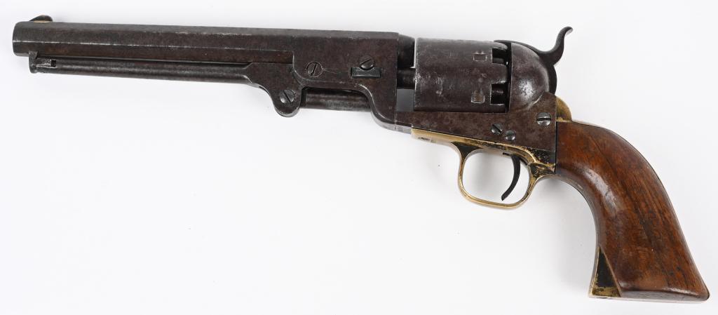 COLT MODEL 1851 NAVY REVOLVER -1858: SERIAL 86589. BARREL 7.5". CALIBER .36. MADE 1858. 4TH MODEL. Matching numbers except wedge not numbered (replacement) . Standard features include brass trigger guard & backstrap, octagon barrel, dove