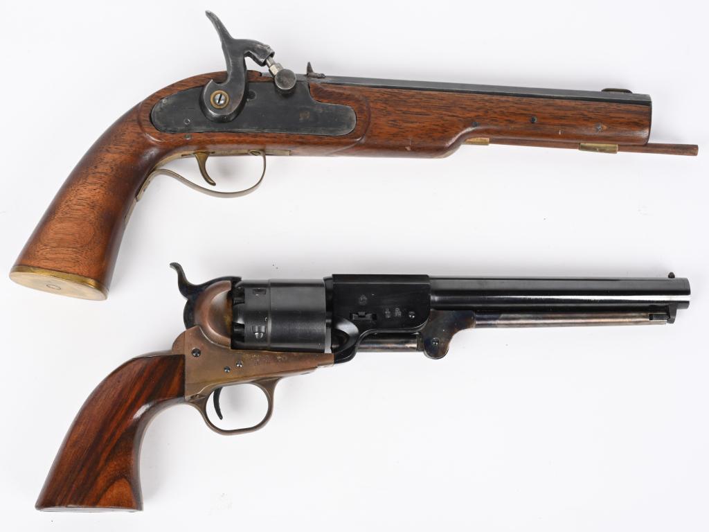 LOT OF 2: CONTEMPORARY BLACKPOWDER PISTOLS: A. SERIAL NUMBER: 1882. BARREL: 7-1/4". CALIBER: .44 PERCUSSION. MANUFACTURED: 1965. Uberti 1851 Colt Navy copy percussion revolver. Made in Italy and imported by Navy Arms. Brass bead front sight. Fa