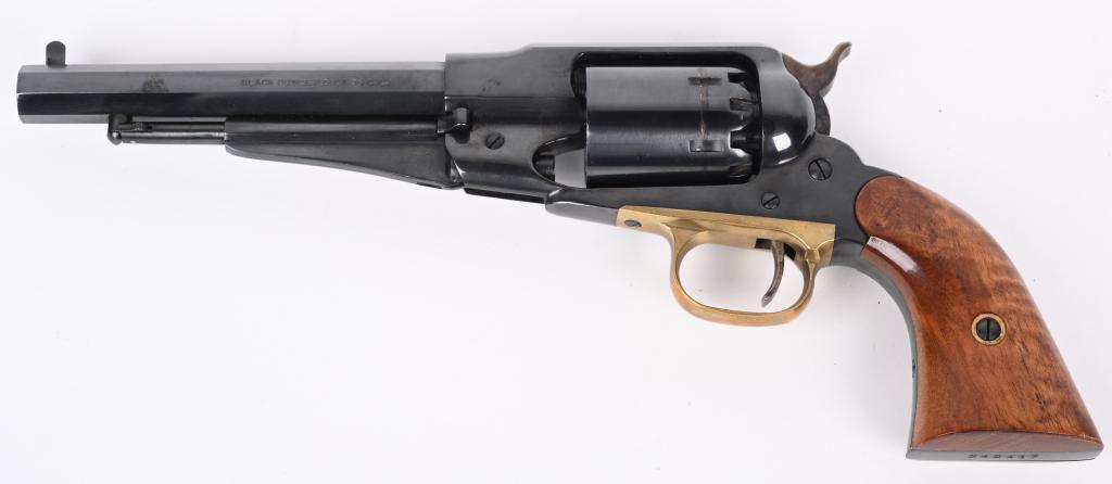 PIETTA REMINGTON NEW MODEL NAVY REVOLVER: SERIAL 242417. BARREL6 3/4". CALIBER .36. Remington clone, six shot, blue finish, pinch front sight, case color hammer, brass trigger guard, two piece walnut grips. Condition. Appears unfired with min