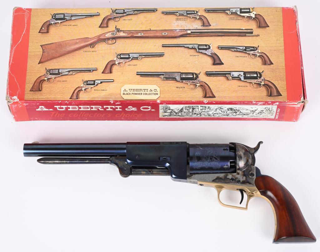 MIB UBERTI 1847 US WALKER DRAGOON REVOLVER: SERIAL 13396. BARREL9". CALIBER .44. High polish peacock blue clone of US 1847 Colt Walker stamped US 1847 on right side. Cylinder has mounted ranger scene, case color frame & lever, brass trigger gua