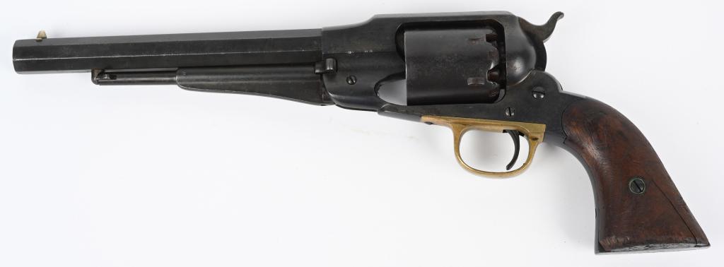 REMINGTON NEW MODEL 1858 MILITARY REVOLVER: SERIAL 28859. BARREL 8". CALIBER .44. Features octagon barrel, two piece walnut grips, brass trigger guard, post front sight, Military inspectors initials include W, P & R. Condition . Retains 90% of 