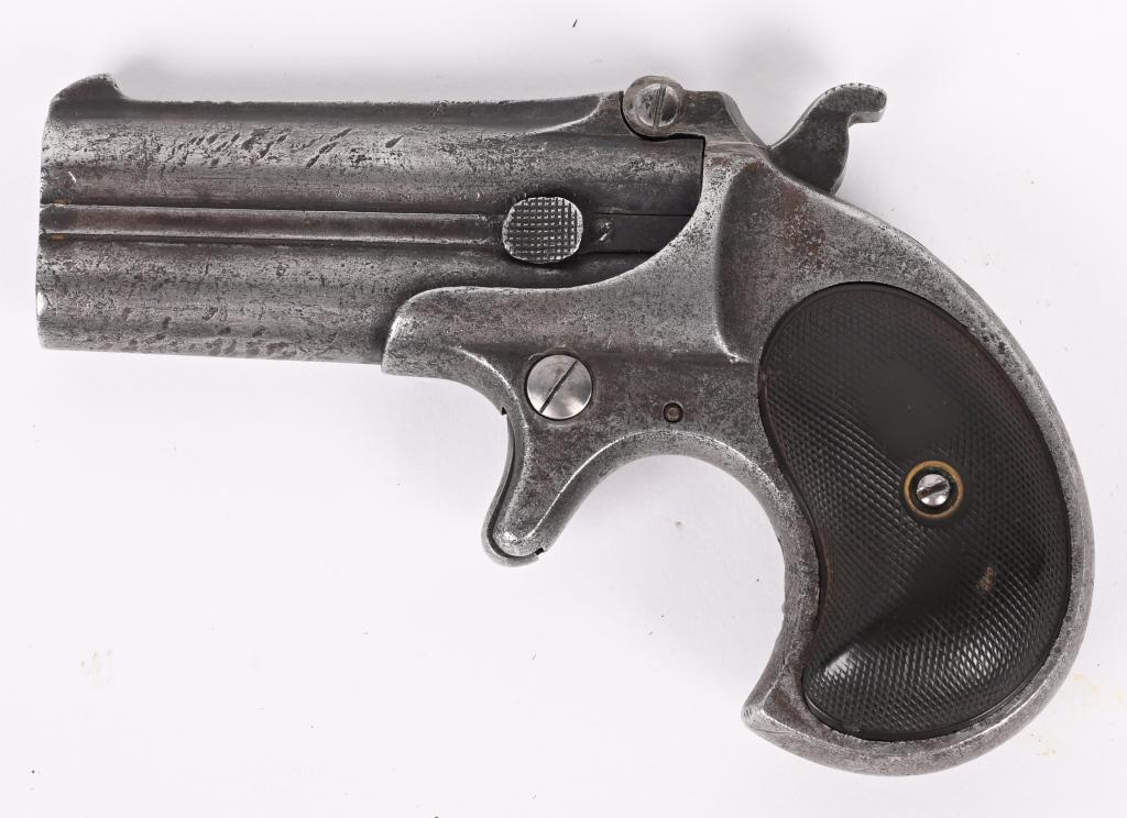 REMINGTON TYPE III DERRINGER: SERIAL NUMBER: 484. BARREL: 3". CALIBER: .41 RMIFIRE. MANUFACTURED: 1910S. Barrel rib marked "REMINGTON ARMS-U.M.C. CO. ILION, N.Y". Standard sights. Blued finish with checkered hard rubber grips. CON