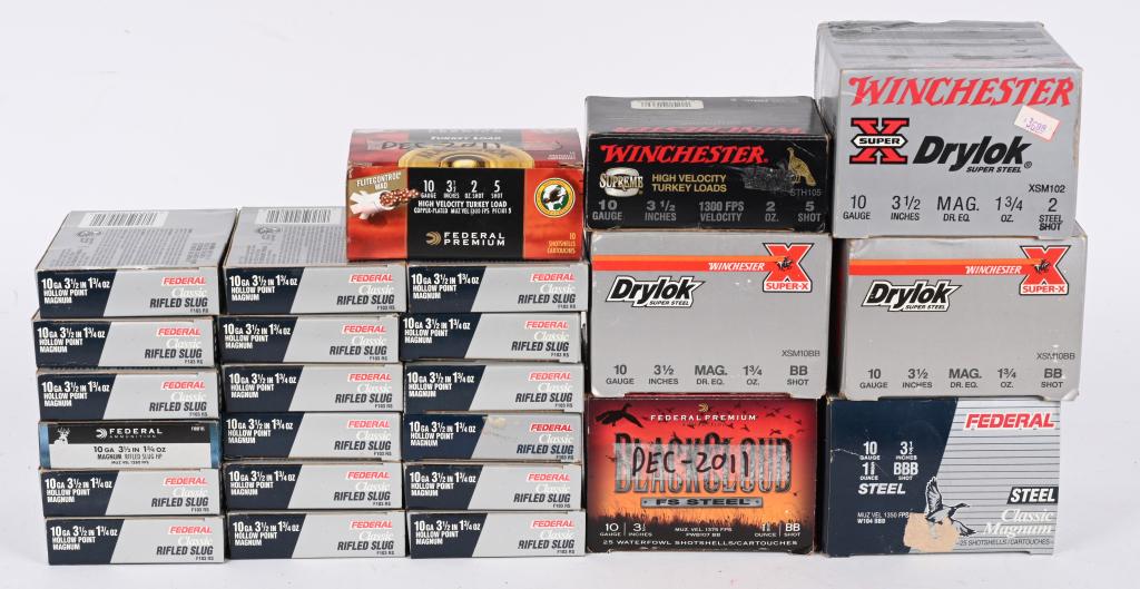 LOT OF 10 GAUGE SHOT SHELLS AND SLUGS: Contains: 90 Federal 3-1/2" 1-3/4oz rifled slugs 25 Federal Black Cloud 3-1/2" BB shot 25 Federal Classic Magnum 3-1/2" BBB shot 50 Winchester Super-X 3-1/2" BB steel shot 25 Winchester Super-X 3-1/2"