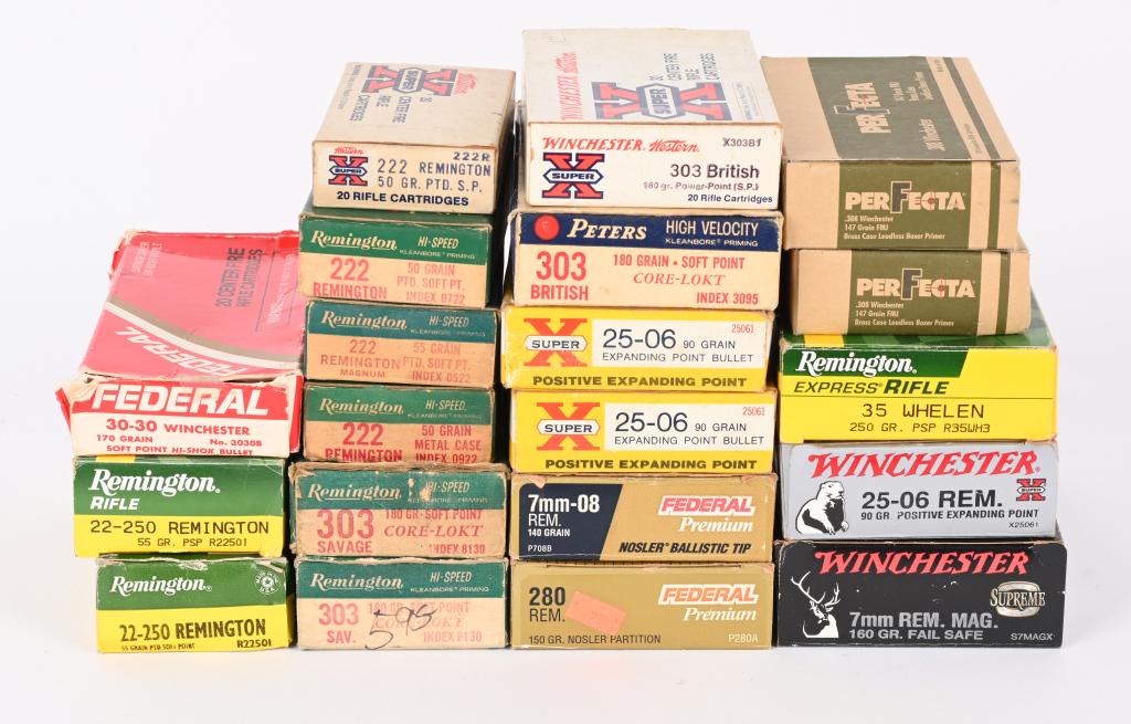 LOT OF CENTERFIRE RIFLE CARTRIDGES: Contains: 20 Federal Premium 7MM-08 140gr Nosler Ballistic Tip 20 Winchester 7MM Rem Mag 160gr Fail Safe 20 Winchester Super-X .303 British 180gr SP 20 Peters Kleanbore .303 British 180gr SP 40 Reming