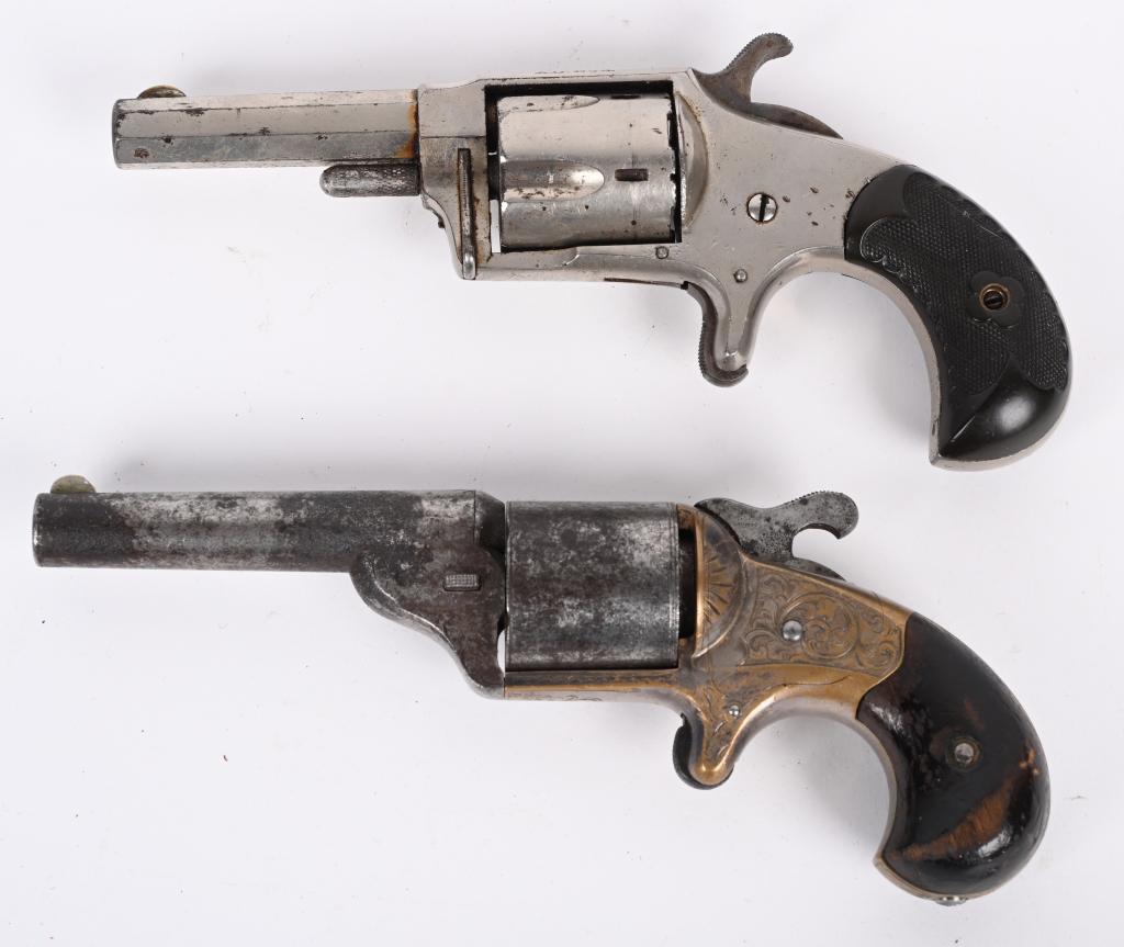 LOT (2) ANTIQUE REVOLVERS: 1. Merwin & Hulbert XL3, 32 RF, Nickel finish, gutta percha bird head grips, spur trigger. 80% finish with scattered freckling. Working. 2. Moores teat fire, brass frame, spur trigger, bird head wood
