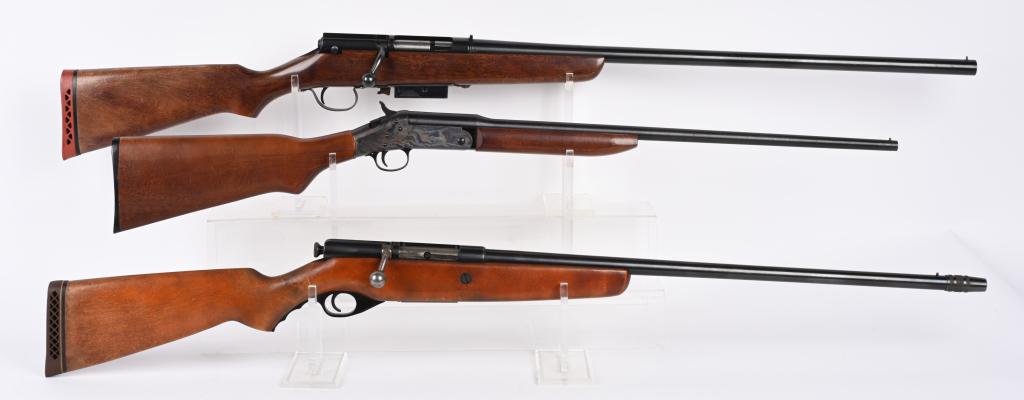 LOT OF 3: BOLT ACTION AND SINGLE SHOTGUNS: A. SERIAL NUMBER: NSN. BARREL: 24". CALIBER: 20 GAUGE. MANUFACTURED: 1950'S. Mossberg Model 85D bolt action shotgun. Bead front sight. Original blued finish and oiled wood stock. Added brown rubber bu