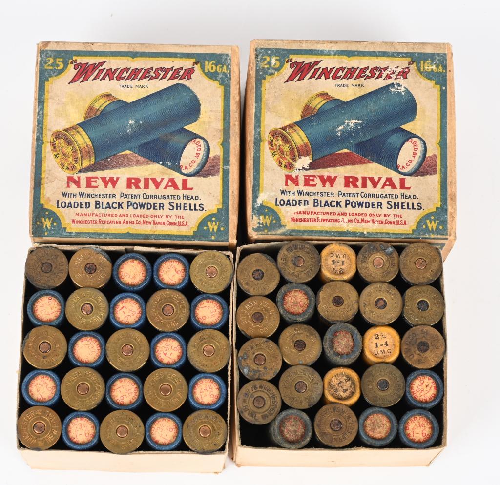2-BOXES WINCHESTER NEW RIVAL 16 GA. SHOTGUN SHELLS: 2-pc, one full and one missing one round, includes one DEAD SHOT POWDER paper insert. Both boxes have solid bases and all aprons intact. Good color and basically complete labels with overall storage e