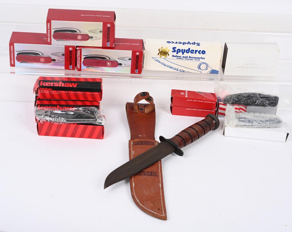 LOT OF VARIOUS COMMERCIAL KNIVES: Lot contains: 3 Swiss Wenger pocket grip combination tools. All are new in box. Spyderco folding pocket knife with box. 2-1/2" blade. 3 Kershaw Barge 2-3/4" blade folding pocket knives. All new in fac