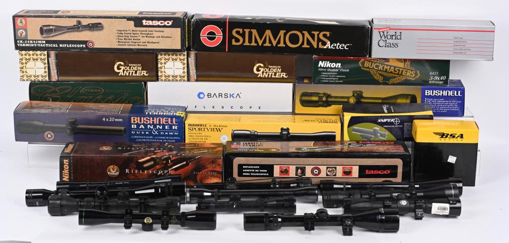 LOT OF RIFLE SCOPES SOME IN BOX: Lot includes: Bushnell Sportview 6-18X40 in box. Simmons Aetec 6-20x44 in box. 2 Tasco Varmint 6X-24X42 both in boxes. Nikon Pro Staff 2-7X32 shotgun hunter matte nikoplex scope in box. 2 Tasco Prongh