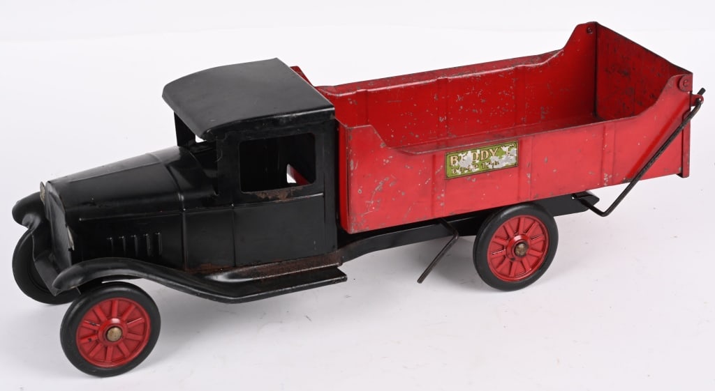 BUDDY L PRESSED STEEL DUMP TRUCK: All original with decent paint and decals. 20" Excellent