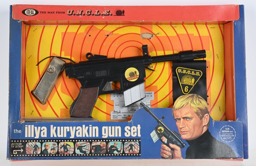 IDEAL MAN FROM UNCLE ILLYA GUN SET w/ BOX: Ideal Man from Uncle Illya Kuryakin Gun Set. Looks to be a complete set. Gun is loose. Comes with original Box. 20" Excellent