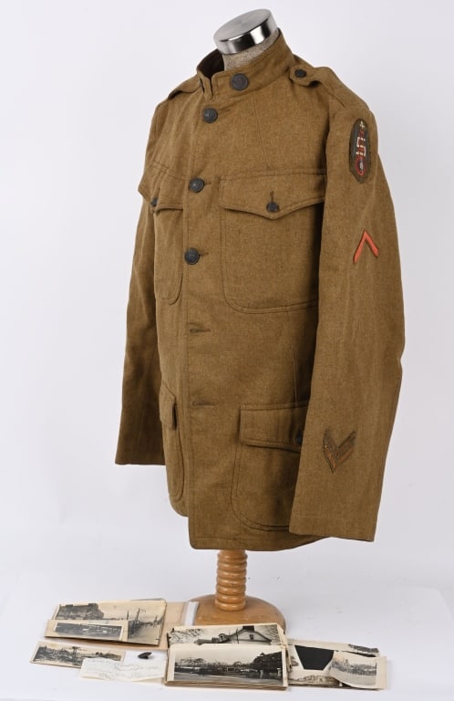 WWI US AIR MECHANIC SERVICE REGT. UNIFORM GROUPING: WWI US Named 4th Air Mechanic Service Regiment Uniform Jacket Grouping named to Carlin†Kooper of New Hope Pa. to include 1) Service Jacket with US & Aviation Collar Disks. On the wearer's left s