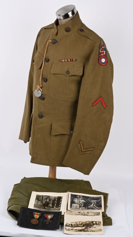 WWI US AIR MECHANIC SERVICE REGT. UNIFORM GROUPING: WWI US 2nd Air Mechanic Service Regiment Uniform Grouping to include 1) Service uniform with US & Aviation Collar Disks. On the wearer's left shoulder a 2nd Air Mechanic Service Regiment Shoulder Slee