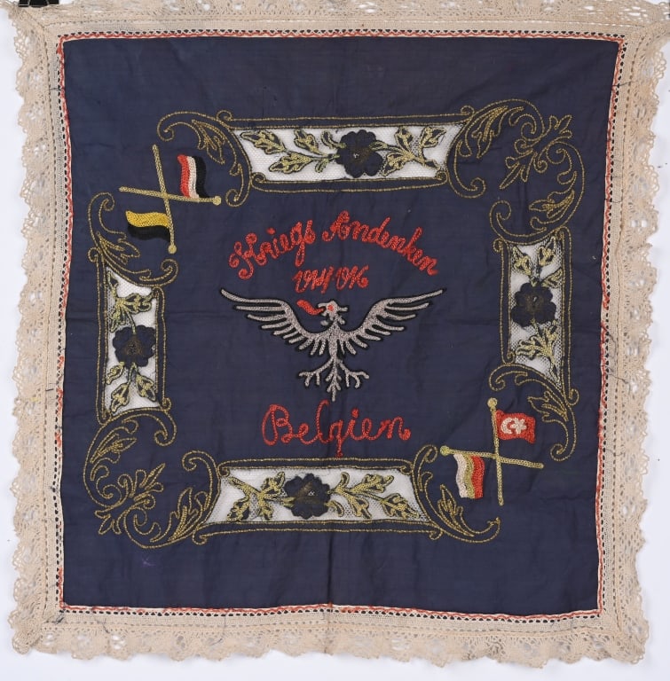 WWI CENTRAL POWERS BANNER VICTORY OVER BELGIUM WW1: WWI Hand Embroidered tapestry measuring 21 X 21 inches with the flags of Central Powers of Germany, Austria, Turkey and Bulgaria They are celebrating the Victory in Belgium. Excellent.