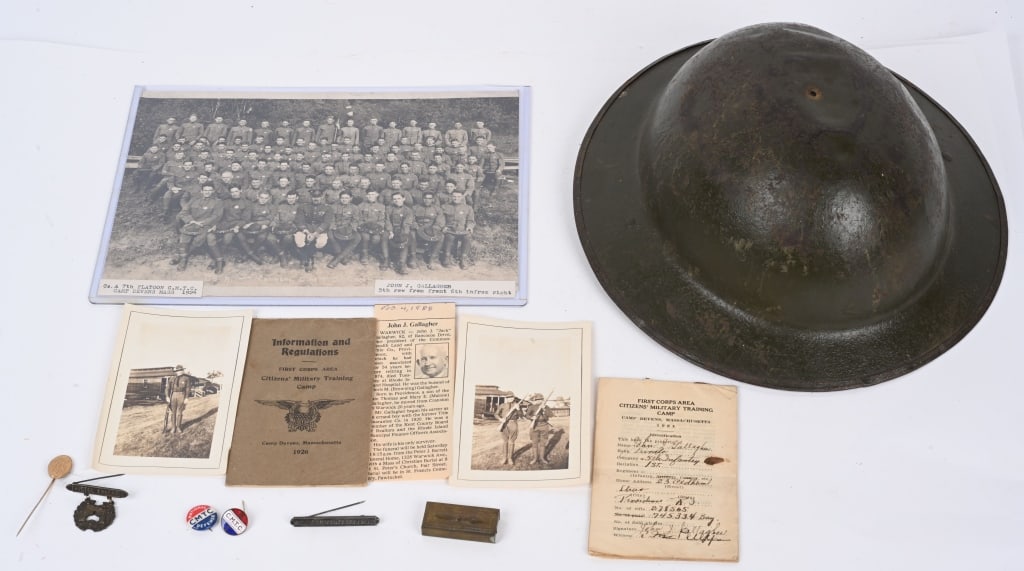 WWII M1917A1 Kelly Helmet & CMTC BADGE LOT WW2: Small grouping of a member of the Citizens Military Training Camp. His name was John J. Gallagher of of Warwick Rhode Island. The grouping consist†a M1917A1 Kelly Helmet with liner and chinstrap
