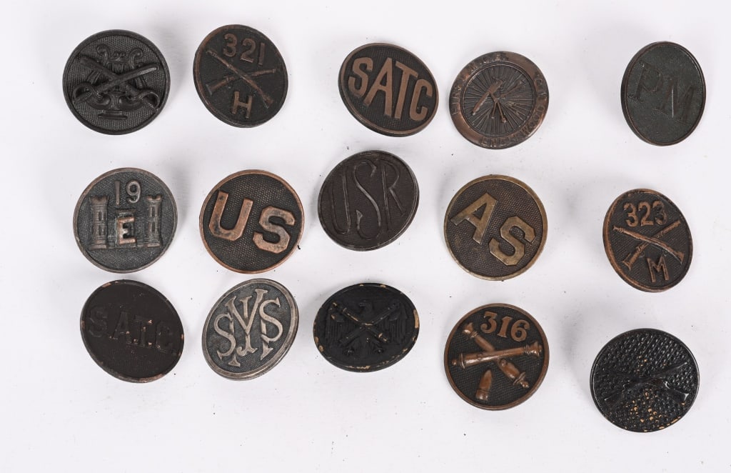 WWI US ARMY COLLAR DISK LOT MP MG NUMBERED DISKS: WW1 US Army Collar Disk Lot to include 1) AS Collar Disk 2) 321 Infantry H Company Collar Disk 3) PM Provost Marshall Collar Disk 4) 19th Engineers E Company 5) 323 Infantry M Company Collar Disk 6) C