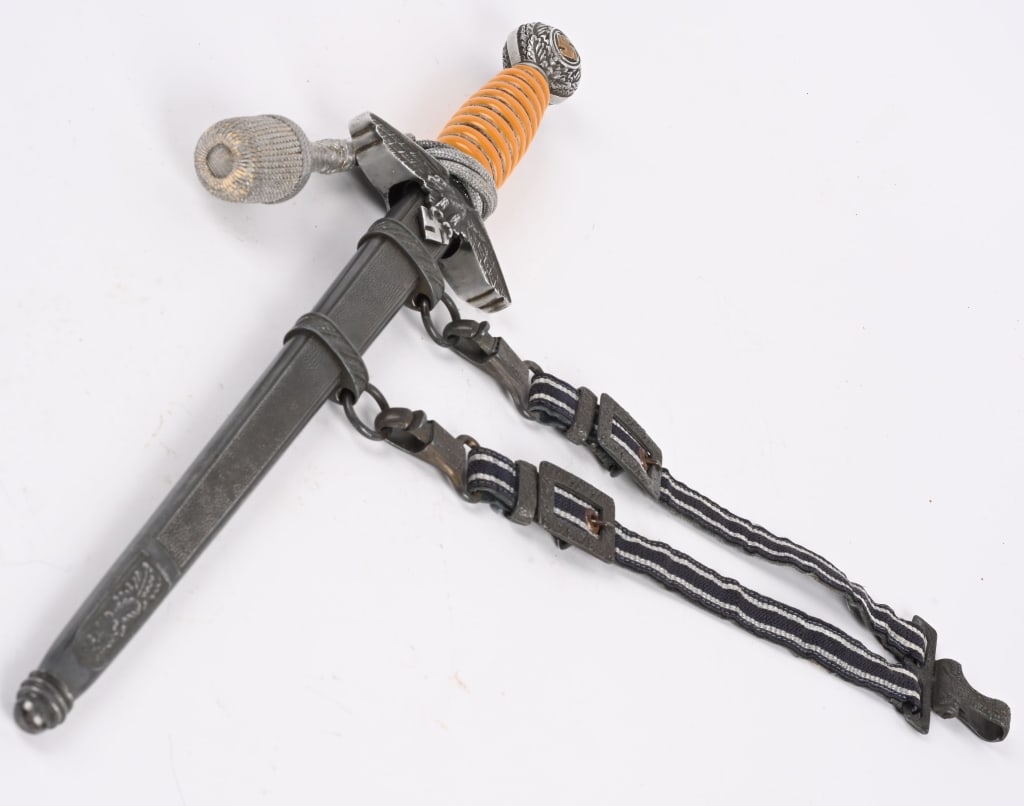 WWII NAZI GERMAN LUFTWAFFE OFFICERS DAGGER WW2: Roughly 29cm long, bright, nickel/silver plated, double edged, drop forged steel, stiletto style blade with a flat central plane that shows that it has been dropped. Maker marked to Karl Eickhorn. The