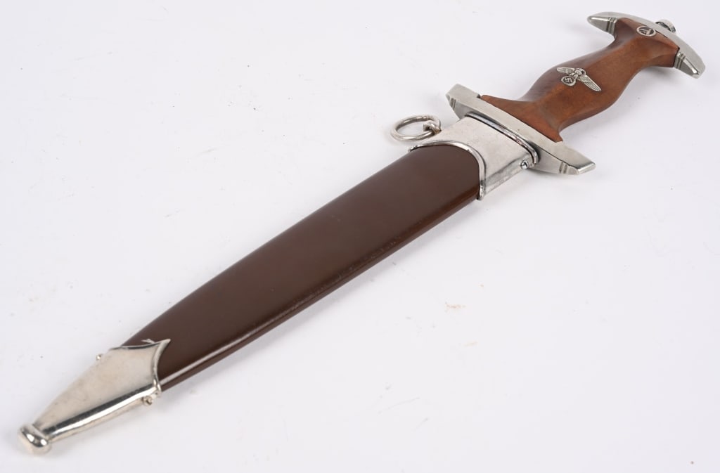 WWII NAZI GERMAN SA NUMBERED DAGGER BY HELLER: Nice quality dagger features a roughly, 8 3/4", (22.2 cm), long double edged nickel/silver plated drop forged steel construction blade with a low central ridge and a full length, including the hilt, o